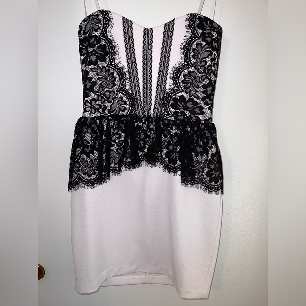 White strapless dress with black lace